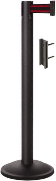 Lavi Industries - 38-1/2" High, 2-3/4" Pole Diam, Stanchion - 12-1/2" Base Diam, Round Steel Base, Black Steel Post, 7' x 2" Tape, Single Line Tape - Eagle Tool & Supply