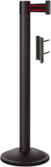 Lavi Industries - 38-1/2" High, 2-3/4" Pole Diam, Stanchion - 12-1/2" Base Diam, Round Steel Base, Black Steel Post, 7' x 2" Tape, Single Line Tape - Eagle Tool & Supply