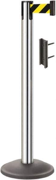 Lavi Industries - 38-1/2" High, 2-3/4" Pole Diam, Stanchion - 12-1/2" Base Diam, Round Steel Base, Polished Chrome (Color) Steel Post, 7' x 2" Tape, Single Line Tape - Eagle Tool & Supply