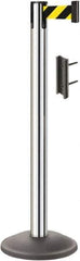 Lavi Industries - 38-1/2" High, 2-3/4" Pole Diam, Stanchion - 12-1/2" Base Diam, Round Steel Base, Polished Chrome (Color) Steel Post, 7' x 2" Tape, Single Line Tape - Eagle Tool & Supply