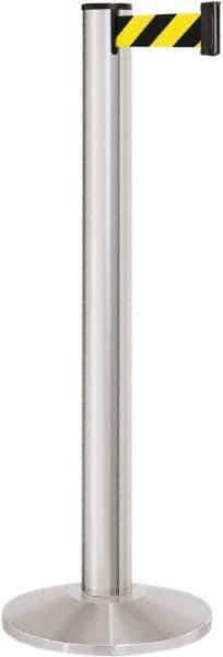 Lavi Industries - 40" High, 2-3/4" Pole Diam, Stanchion - 14" Base Diam, Dome Cast Iron Base, Satin Chrome (Color) Aluminum Post, 13' x 2" Tape, Single Line Tape - Eagle Tool & Supply