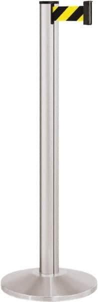 Lavi Industries - 40" High, 2-3/4" Pole Diam, Stanchion - 14" Base Diam, Dome Cast Iron Base, Satin Chrome (Color) Aluminum Post, 7' x 2" Tape, Single Line Tape - Eagle Tool & Supply
