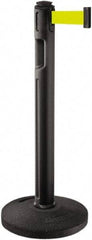Lavi Industries - 38-1/4" High, 3-1/4" Pole Diam, Stanchion - 16" Base Diam, Dome Recycled Rubber Base, Black Plastic Post, 12' x 2" Tape, Single Line Tape, For Outdoor Use - Eagle Tool & Supply