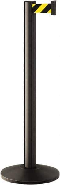 Lavi Industries - 40" High, 2-3/4" Pole Diam, Stanchion - 14" Base Diam, Dome Cast Iron Base, Black Aluminum Post, 7' x 2" Tape, Single Line Tape - Eagle Tool & Supply