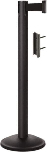 Lavi Industries - 38-1/2" High, 2-3/4" Pole Diam, Stanchion - 12-1/2" Base Diam, Round Steel Base, Black Steel Post, 7' x 2" Tape, Single Line Tape - Eagle Tool & Supply