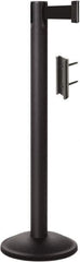 Lavi Industries - 38-1/2" High, 2-3/4" Pole Diam, Stanchion - 12-1/2" Base Diam, Round Steel Base, Black Steel Post, 7' x 2" Tape, Single Line Tape - Eagle Tool & Supply