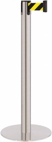 Lavi Industries - 40" High, 2-3/4" Pole Diam, Stanchion - 14-1/2" Base Diam, Flat Cast Iron Base, Satin Chrome (Color) Steel Post, 7' x 2" Tape, Single Line Tape - Eagle Tool & Supply