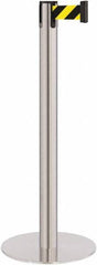 Lavi Industries - 40" High, 2-3/4" Pole Diam, Stanchion - 14-1/2" Base Diam, Flat Cast Iron Base, Satin Chrome (Color) Steel Post, 7' x 2" Tape, Single Line Tape - Eagle Tool & Supply