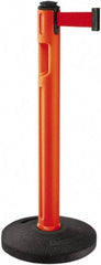 Lavi Industries - 38-1/4" High, 3-1/4" Pole Diam, Stanchion - 16" Base Diam, Dome Recycled Rubber Base, Orange Plastic Post, 12' x 2" Tape, Single Line Tape, For Outdoor Use - Eagle Tool & Supply