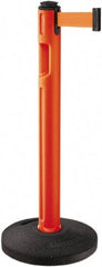 Lavi Industries - 38-1/4" High, 3-1/4" Pole Diam, Stanchion - 16" Base Diam, Dome Recycled Rubber Base, Orange Plastic Post, 12' x 2" Tape, Single Line Tape, For Outdoor Use - Eagle Tool & Supply
