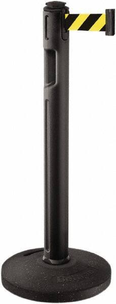 Lavi Industries - 38-1/4" High, 3-1/4" Pole Diam, Stanchion - 16" Base Diam, Dome Recycled Rubber Base, Black Plastic Post, 12' x 2" Tape, Single Line Tape, For Outdoor Use - Eagle Tool & Supply