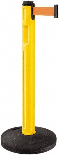 Lavi Industries - 38-1/4" High, 3-1/4" Pole Diam, Stanchion - 16" Base Diam, Dome Recycled Rubber Base, Yellow Plastic Post, 12' x 2" Tape, Single Line Tape, For Outdoor Use - Eagle Tool & Supply