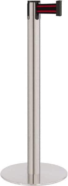 Lavi Industries - 40" High, 2-3/4" Pole Diam, Stanchion - 14-1/2" Base Diam, Flat Cast Iron Base, Satin Chrome (Color) Steel Post, 7' x 2" Tape, Single Line Tape - Eagle Tool & Supply