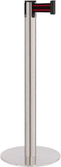 Lavi Industries - 40" High, 2-3/4" Pole Diam, Stanchion - 14-1/2" Base Diam, Flat Cast Iron Base, Satin Chrome (Color) Steel Post, 7' x 2" Tape, Single Line Tape - Eagle Tool & Supply