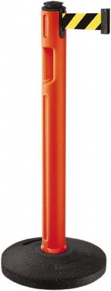 Lavi Industries - 38-1/4" High, 3-1/4" Pole Diam, Stanchion - 16" Base Diam, Dome Recycled Rubber Base, Orange Plastic Post, 12' x 2" Tape, Single Line Tape, For Outdoor Use - Eagle Tool & Supply