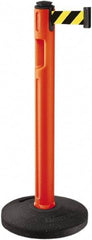 Lavi Industries - 38-1/4" High, 3-1/4" Pole Diam, Stanchion - 16" Base Diam, Dome Recycled Rubber Base, Orange Plastic Post, 12' x 2" Tape, Single Line Tape, For Outdoor Use - Eagle Tool & Supply