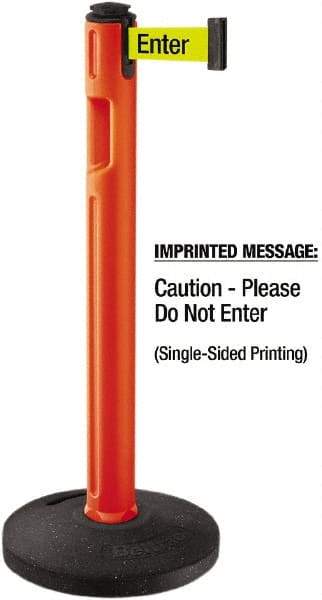 Lavi Industries - 38-1/4" High, 3-1/4" Pole Diam, Stanchion - 16" Base Diam, Dome Recycled Rubber Base, Orange Plastic Post, 12' x 2" Tape, Single Line Tape, For Outdoor Use - Eagle Tool & Supply