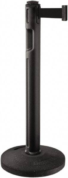Lavi Industries - 38-1/4" High, 3-1/4" Pole Diam, Stanchion - 16" Base Diam, Dome Recycled Rubber Base, Black Plastic Post, 12' x 2" Tape, Single Line Tape, For Outdoor Use - Eagle Tool & Supply