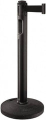 Lavi Industries - 38-1/4" High, 3-1/4" Pole Diam, Stanchion - 16" Base Diam, Dome Recycled Rubber Base, Black Plastic Post, 12' x 2" Tape, Single Line Tape, For Outdoor Use - Eagle Tool & Supply