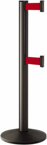 Lavi Industries - 40" High, 2-3/4" Pole Diam, Stanchion - 14" Base Diam, Dome Cast Iron Base, Black Aluminum Post, 7' x 2" Tape, Single Line Tape - Eagle Tool & Supply