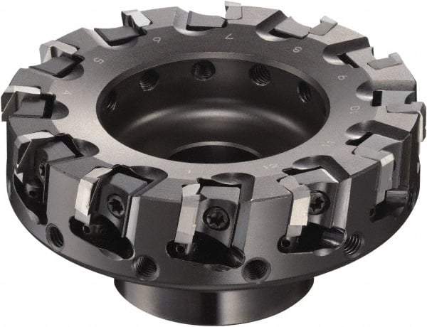 Sumitomo - 125mm Cut Diam, 1/2" Arbor Hole, 50mm Max Depth of Cut, 90° Indexable Chamfer & Angle Face Mill - 15 Inserts, NF-LDEN Insert, Right Hand Cut, 15 Flutes, Through Coolant, Series HF - Eagle Tool & Supply