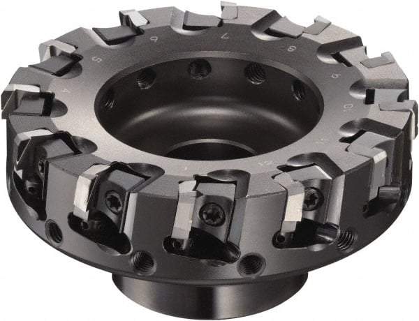 Sumitomo - 100mm Cut Diam, 1/2" Arbor Hole, 50mm Max Depth of Cut, 90° Indexable Chamfer & Angle Face Mill - 12 Inserts, NF-LDEN Insert, Right Hand Cut, 12 Flutes, Through Coolant, Series HF - Eagle Tool & Supply