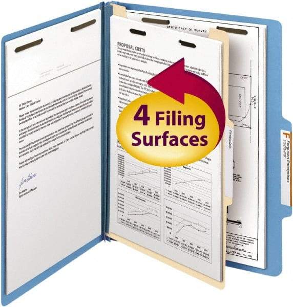 SMEAD - 8-1/2 x 11", Letter Size, Blue, Classification Folders with Top Tab Fastener - 14 Point Stock, Right of Center Tab Cut Location - Eagle Tool & Supply