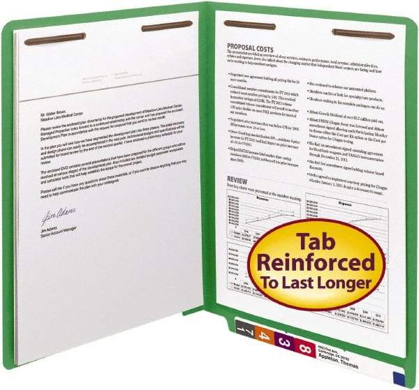 SMEAD - 8-1/2 x 11", Letter Size, Green, Classification Folders with End Tab Fastener - 11 Point Stock, Straight Tab Cut Location - Eagle Tool & Supply