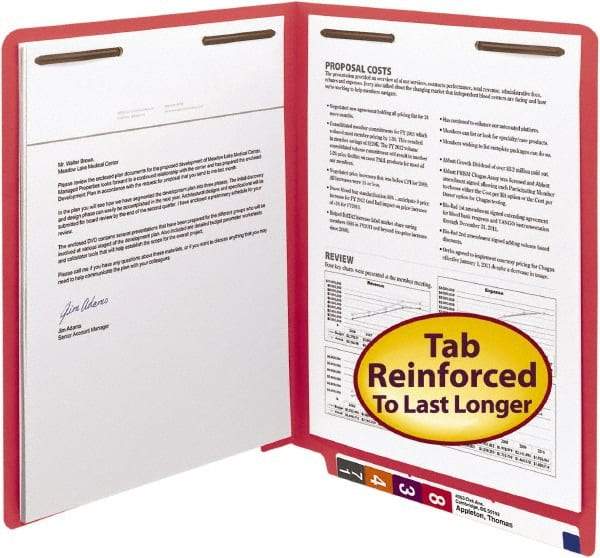 SMEAD - 8-1/2 x 11", Letter Size, Red, Classification Folders with End Tab Fastener - 11 Point Stock, Straight Tab Cut Location - Eagle Tool & Supply