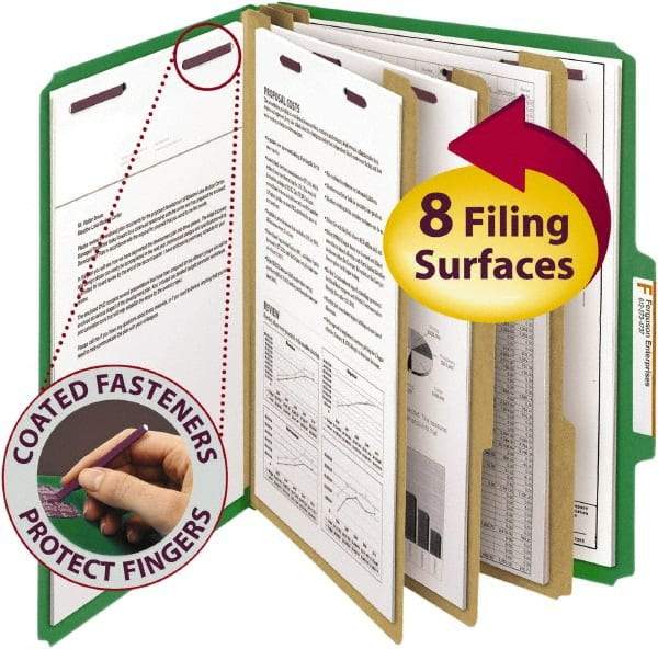 SMEAD - 8-1/2 x 11", Letter Size, Green, Classification Folders with Top Tab Fastener - 23 Point Stock, 2/5 Tab Cut Location - Eagle Tool & Supply