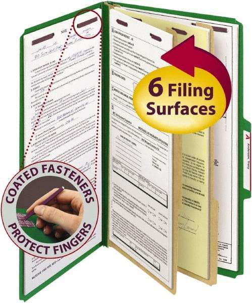 SMEAD - 8-1/2 x 14", Legal, Green, Classification Folders with Top Tab Fastener - 23 Point Stock, Right of Center Tab Cut Location - Eagle Tool & Supply