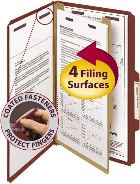 SMEAD - 8-1/2 x 14", Legal, Red, Classification Folders with Top Tab Fastener - 25 Point Stock, Right of Center Tab Cut Location - Eagle Tool & Supply