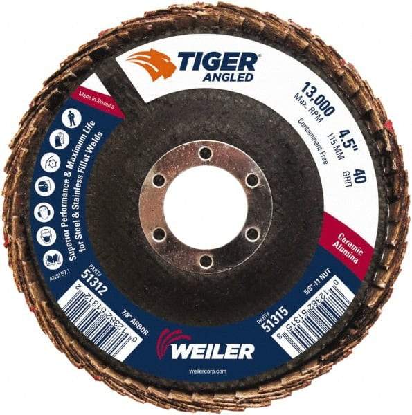 Weiler - 40 Grit, 4-1/2" Disc Diam, 7/8" Center Hole, Type 27 Ceramic Alumina Flap Disc - 13,000 Max RPM, Phenolic Backing, Arbor Attaching System, Coated - Eagle Tool & Supply