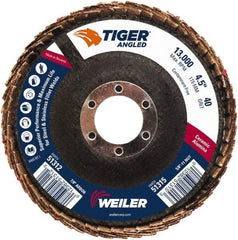 Weiler - 40 Grit, 4-1/2" Disc Diam, 7/8" Center Hole, Type 27 Ceramic Alumina Flap Disc - 13,000 Max RPM, Phenolic Backing, Arbor Attaching System, Coated - Eagle Tool & Supply