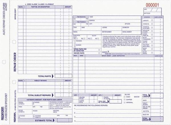 REDIFORM - 50 Sheet, 8-1/2 x 11", Auto Repair Form - White & Blue - Eagle Tool & Supply