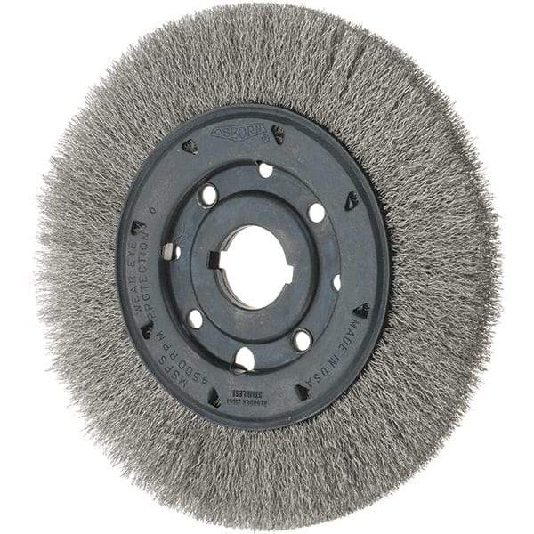 Osborn - 8" OD, 1-1/4" Arbor Hole, Crimped Stainless Steel Wheel Brush - 3/4" Face Width, 1-1/2" Trim Length, 0.01" Filament Diam, 4,500 RPM - Eagle Tool & Supply