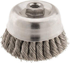 Osborn - 4" Diam, 5/8-11 Threaded Arbor, Stainless Steel Fill Cup Brush - 0.02 Wire Diam, 1-1/4" Trim Length, 6,000 Max RPM - Eagle Tool & Supply