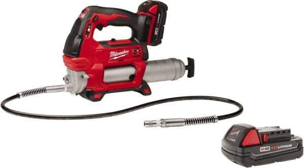 Milwaukee Tool - 10,000 Max psi, Flexible Battery-Operated Grease Gun - 14 oz Capacity, 31 Strokes per oz, Includes Grease Gun, Gauge Hose Assembly, Coupler, 30-Minute Charger, Carrying Case, (2)18 V Rechargeable Batteries & Extra 18V Li-Ion Battery - Eagle Tool & Supply