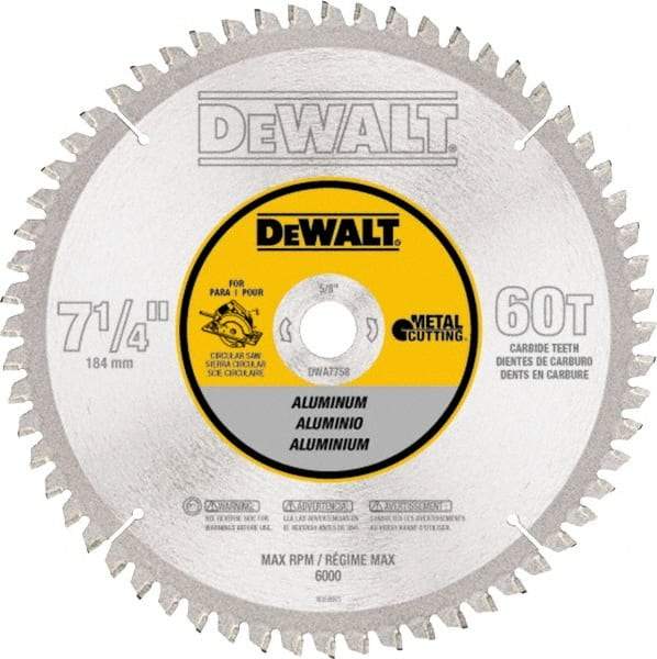 DeWALT - 7-1/4" Diam, 5/8" Arbor Hole Diam, 60 Tooth Wet & Dry Cut Saw Blade - High Speed Steel, Crosscut Action, Standard Round Arbor - Eagle Tool & Supply