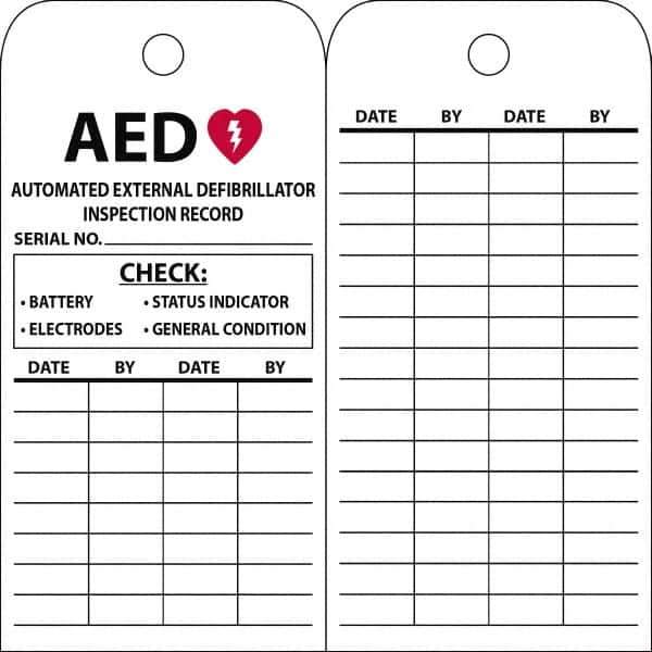 NMC - 3" High x 6" Long, AED, English Safety & Facility Quality Control Tag - 1 Side, White Vinyl/Polyester - Eagle Tool & Supply