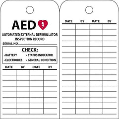 NMC - 3" High x 6" Long, AED, English Safety & Facility Quality Control Tag - 1 Side, White Vinyl/Polyester - Eagle Tool & Supply