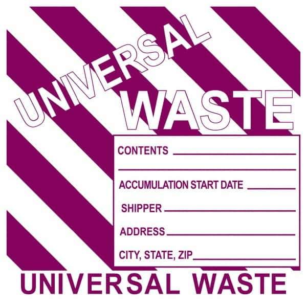 NMC - Universal Label - Legend: Universal Waste Contents______ Accumulation Start Date_____ Shipper_____ Address____ City, State, Zip____, English, Purple, 6" Long x 6" High, Sign Muscle Finish - Eagle Tool & Supply