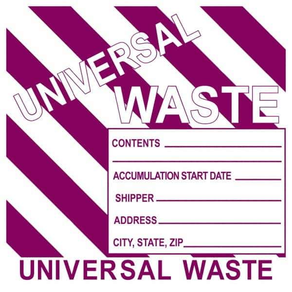 NMC - Universal Label - Legend: Universal Waste Contents______ Accumulation Start Date_____ Shipper_____ Address____ City, State, Zip____, English, Purple, 6" Long x 6" High, Sign Muscle Finish - Eagle Tool & Supply