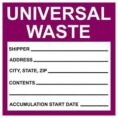 NMC - Universal Label - Legend: Universal Waste - Shipper__________ Address____ City,State,Zip____ Contents________ Accumulation Start Date ______, English, Purple & Black, 6" Long x 6" High, Sign Muscle Finish - Eagle Tool & Supply