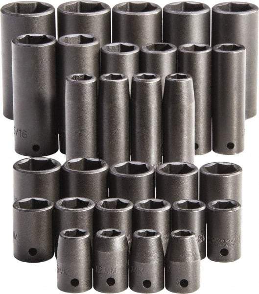 Proto - 30 Piece 1/2" Drive Full Polish Finish Impact Socket Set - 6 Points, 1-1/4" to 1-1/4" (10mm to 24mm) Range, Inch/Metric Measurement Standard - Eagle Tool & Supply
