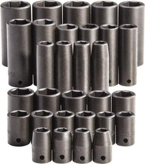 Proto - 30 Piece 1/2" Drive Full Polish Finish Impact Socket Set - 6 Points, 1-1/4" to 1-1/4" (10mm to 24mm) Range, Inch/Metric Measurement Standard - Eagle Tool & Supply