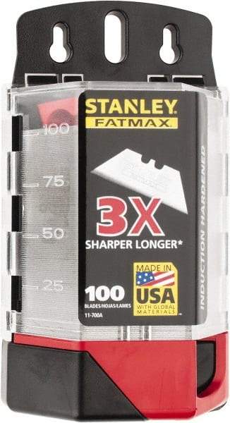 Stanley - 100 Piece High Carbon Steel Utility Knife Blade - 2-7/16" OAL, 0.024" Blade Thickness - Eagle Tool & Supply