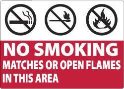 NMC - "No Smoking Matches or Open Flames in This Area", 7" Long x 10" Wide, Aluminum Safety Sign - Rectangle, 0.04" Thick, Use for Smoking Regulations - Eagle Tool & Supply