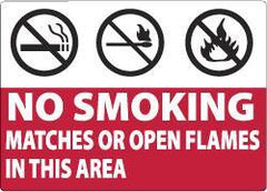 NMC - "No Smoking Matches or Open Flames in This Area", 7" Long x 10" Wide, Aluminum Safety Sign - Rectangle, 0.04" Thick, Use for Smoking Regulations - Eagle Tool & Supply