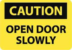NMC - Caution - Open Door Slowly, Aluminum Fire and Exit Sign - 14" Wide x 10" High - Eagle Tool & Supply